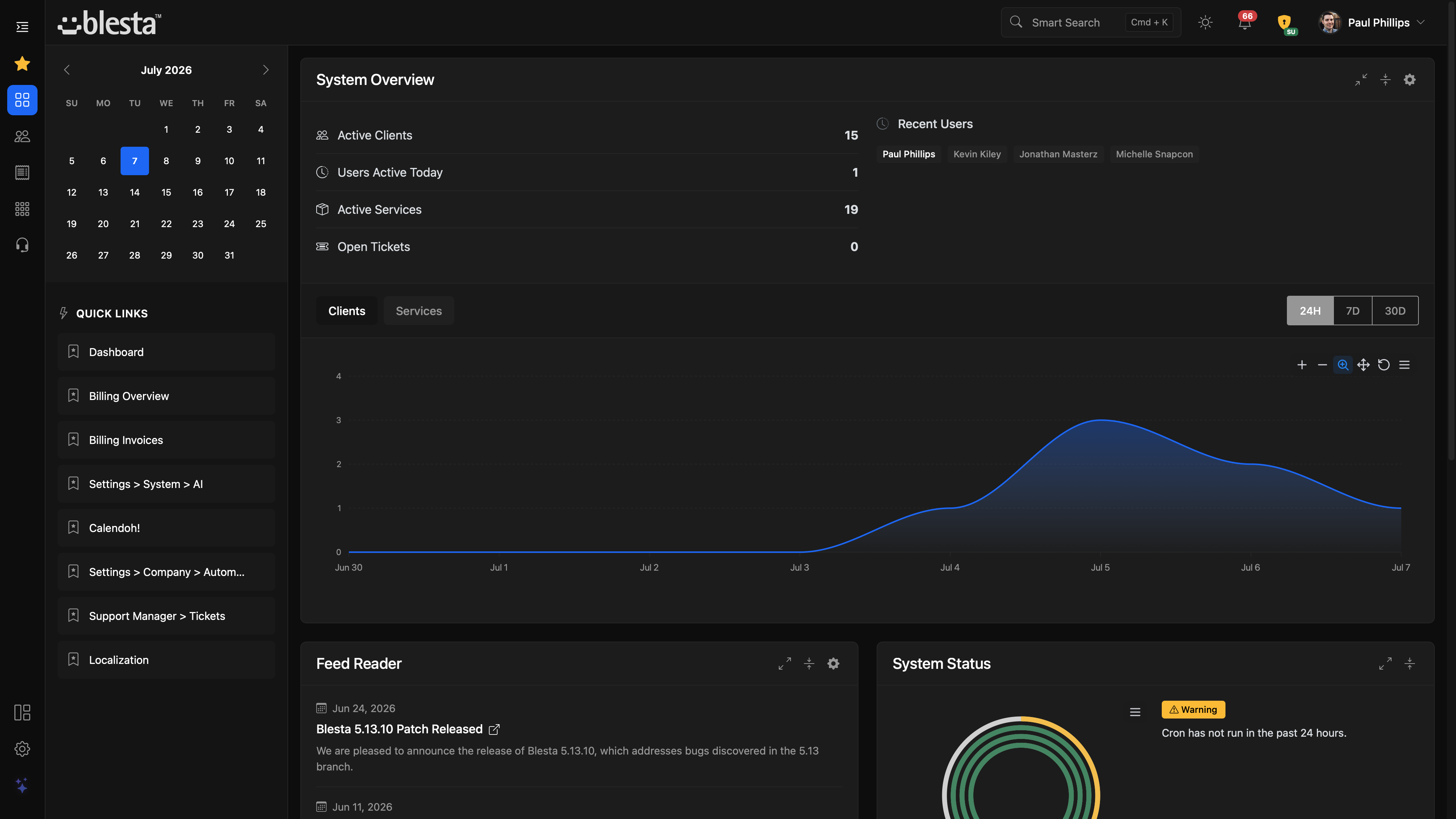 Blesta v6 admin dashboard, dark mode