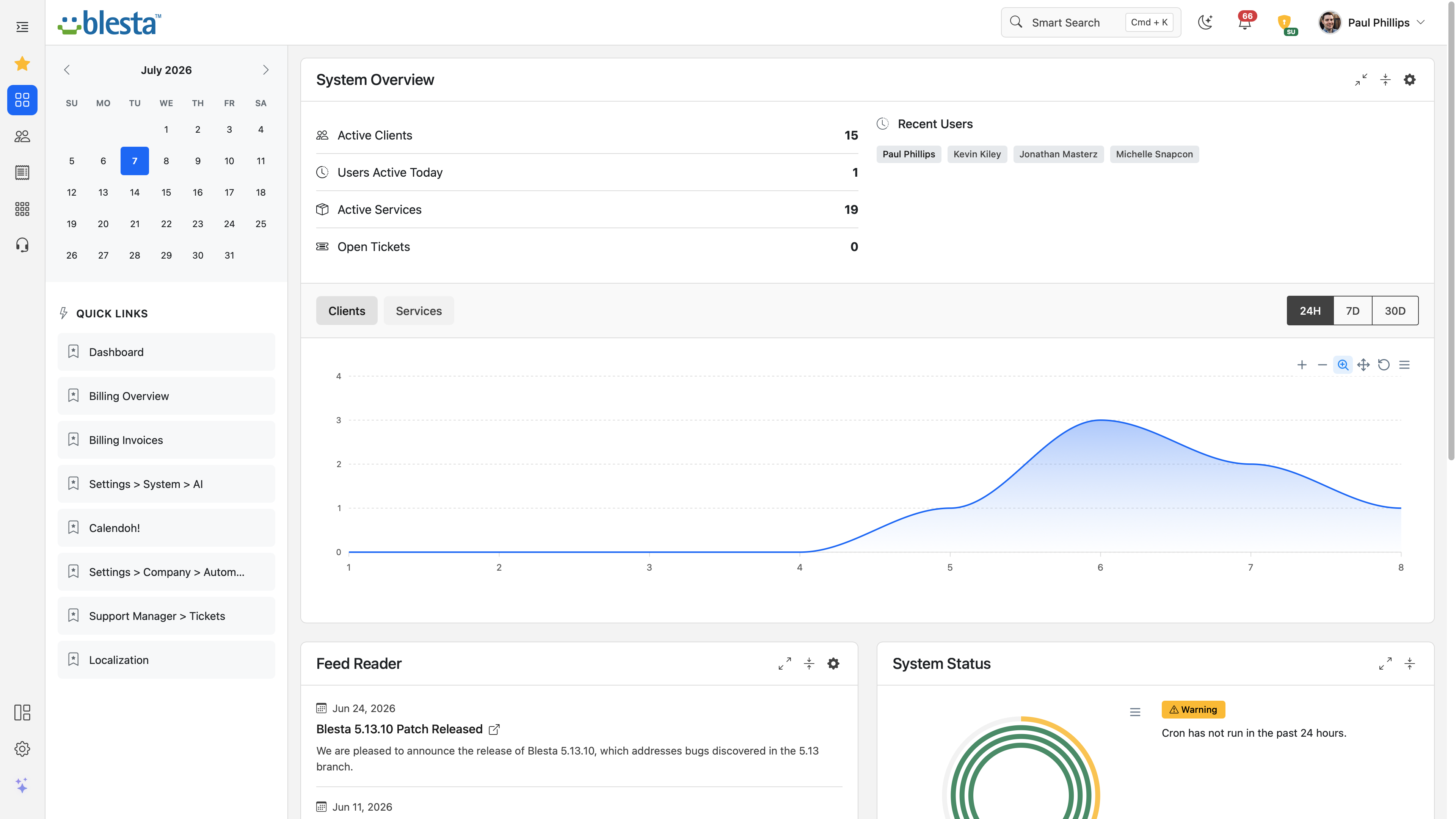 Blesta v6 admin dashboard, light mode