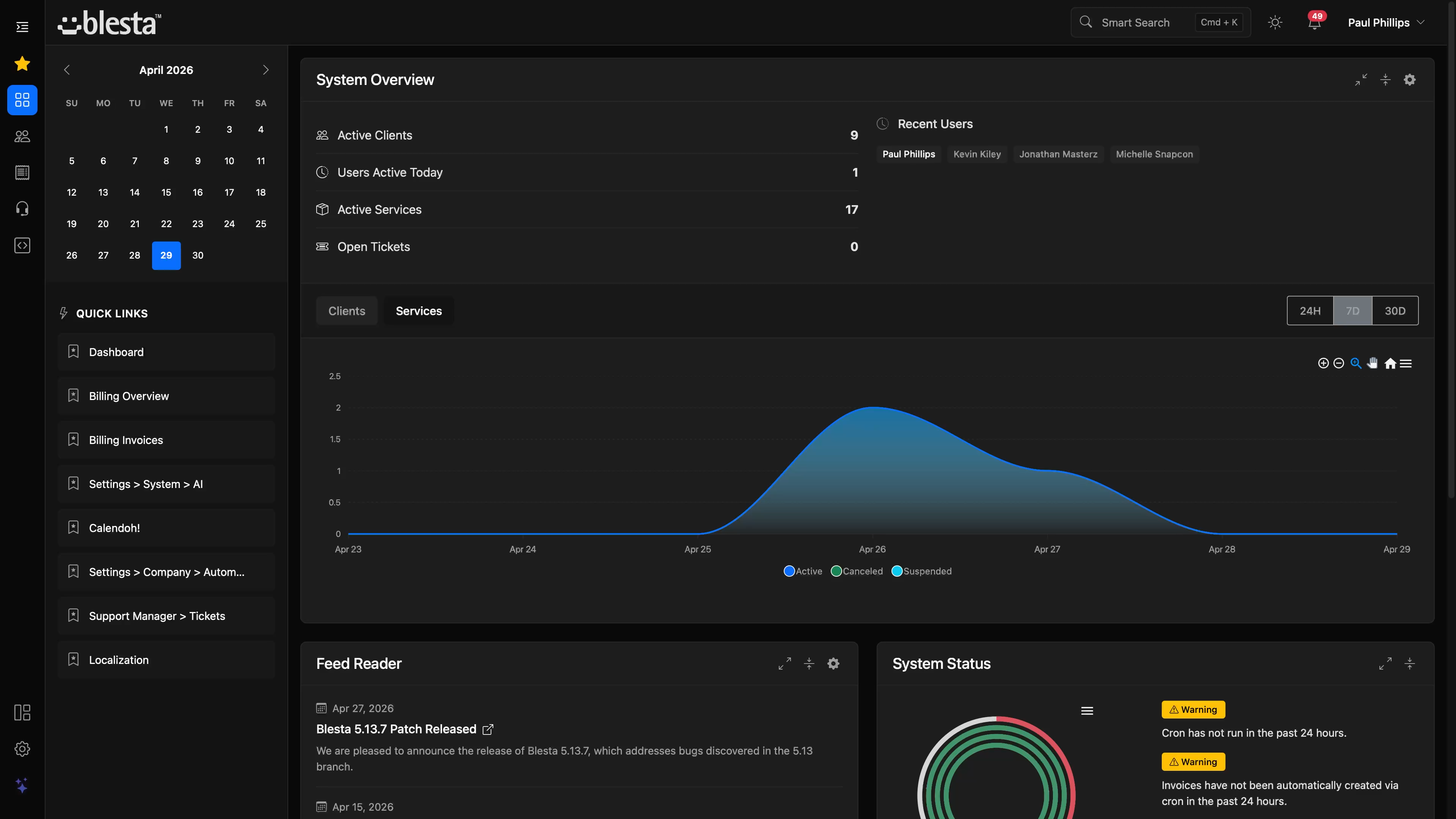 Blesta 6 Paradigm admin UI in dark mode.